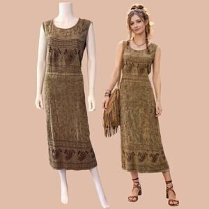 Olivia Boho Midi Tank Dress Size 2X Tan Embroidered Boho Hippie Granola Indie